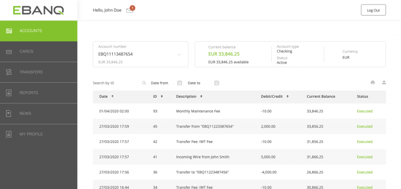 Original EBANQ account overview showing balances and transaction history