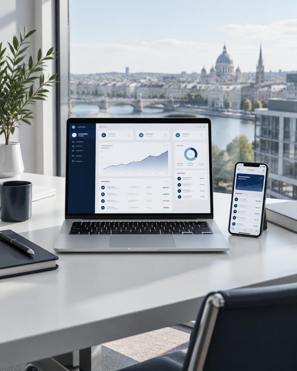 Laptop and mobile banking workspace overlooking a city